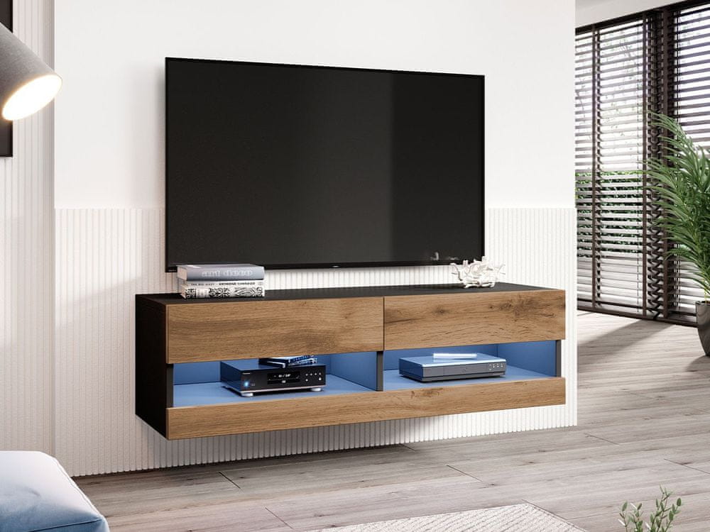 Veneti TV stolík s LED modrým osvetlením 140 cm ASHTON 1 - čierny / dub wotan
